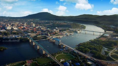 Aerial view of downtown Chattanooga and the Tennessee River Aerial view of downtown Chattanooga and the Tennessee River