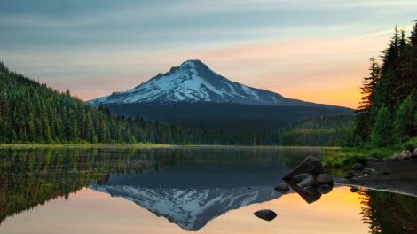 Mount Hood reflected in tranquil Trillium Lake Mount Hood reflected in tranquil Trillium Lake
