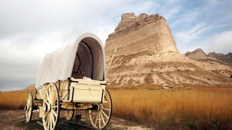 A covered wagon at Scott's Bluff National Monument A covered wagon at Scott's Bluff National Monument