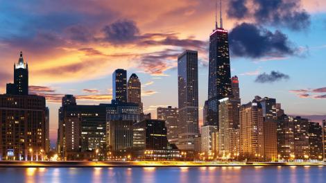 From Lake Michigan, a view of skyscrapers in downtown Chicago, Illinois From Lake Michigan, a view of skyscrapers in downtown Chicago, Illinois