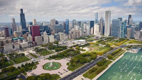 An aerial view of the Chicago’s Lake Michigan shoreline highlighting Grant and Millennium parks An aerial view of the Chicago’s Lake Michigan shoreline highlighting Grant and Millennium parks