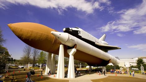A space shuttle, external tank and two rocket boosters on display at the U.S. Space & Rocket Center A space shuttle, external tank and two rocket boosters on display at the U.S. Space & Rocket Center