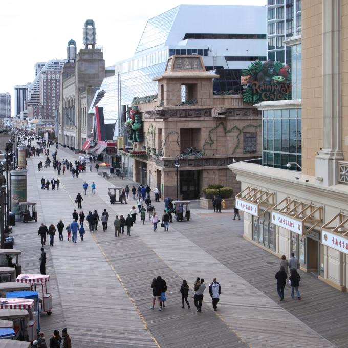 Aerial view as visitors stroll the Atlantic City boardwalk Aerial view as visitors stroll the Atlantic City boardwalk