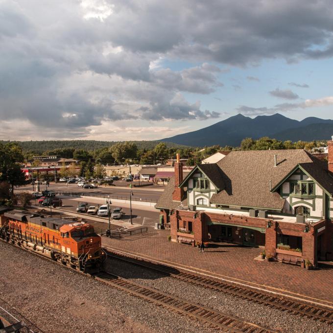 Aerial view of Flagstaff and its historic train station Aerial view of Flagstaff and its historic train station