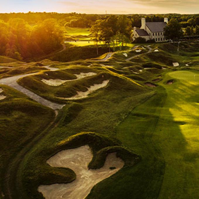 Aerial view of a golf course and bunkers at Whistling Straits Aerial view of a golf course and bunkers at Whistling Straits