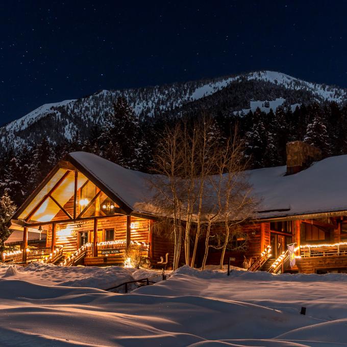 Lone Mountain Ranch illuminated at night in Big Sky, Montana Lone Mountain Ranch illuminated at night in Big Sky, Montana
