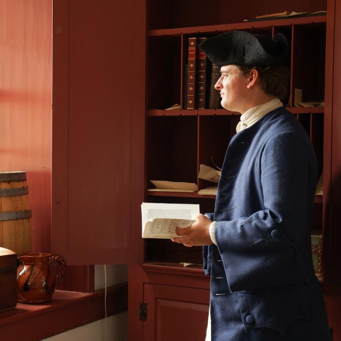 A costumed reenactor at the Old Barracks Museum in Trenton, New Jersey A costumed reenactor at the Old Barracks Museum in Trenton, New Jersey