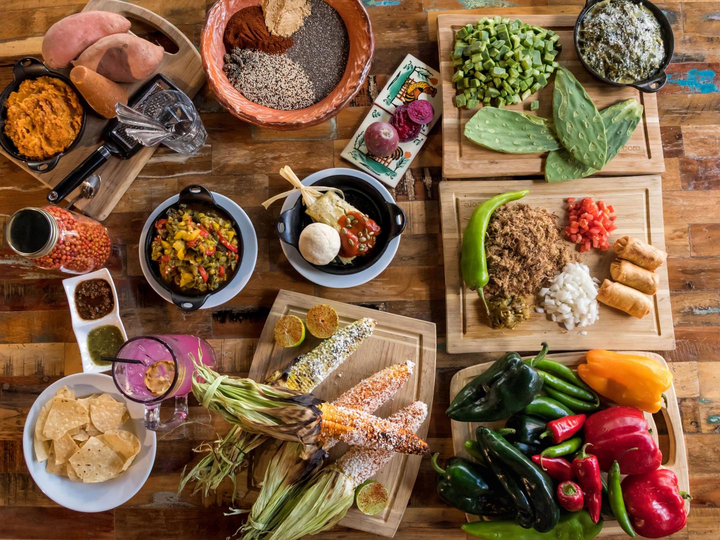 Flat lay of dishes from Charro Steak & Del Rey in Tuscon, Arizona Flat lay of dishes from Charro Steak & Del Rey in Tuscon, Arizona