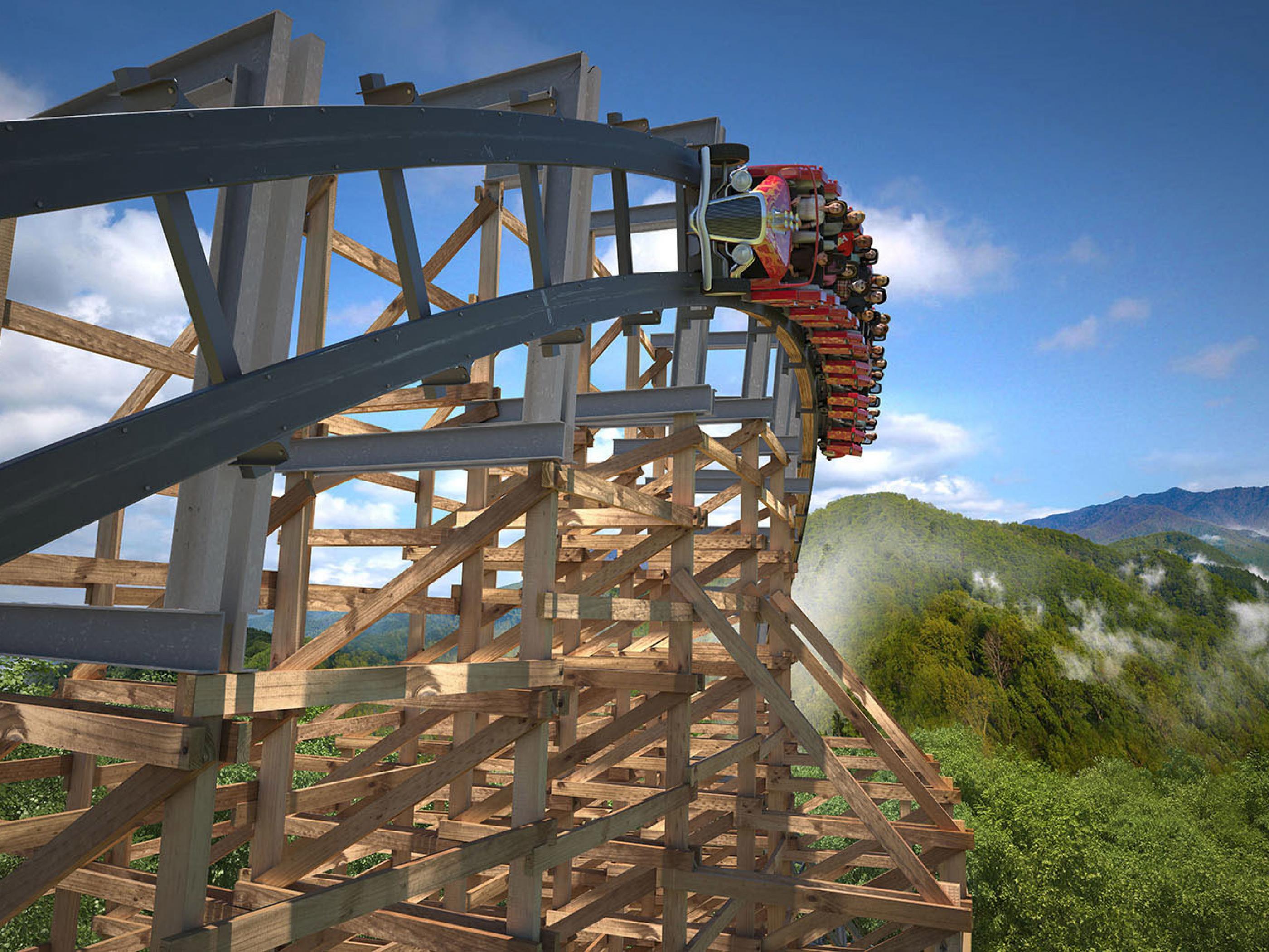 A rollercoaster at dizzying heights overlooking the Smoky Mountains at Pigeon Forge’s Dollywood A rollercoaster at dizzying heights overlooking the Smoky Mountains at Pigeon Forge’s Dollywood