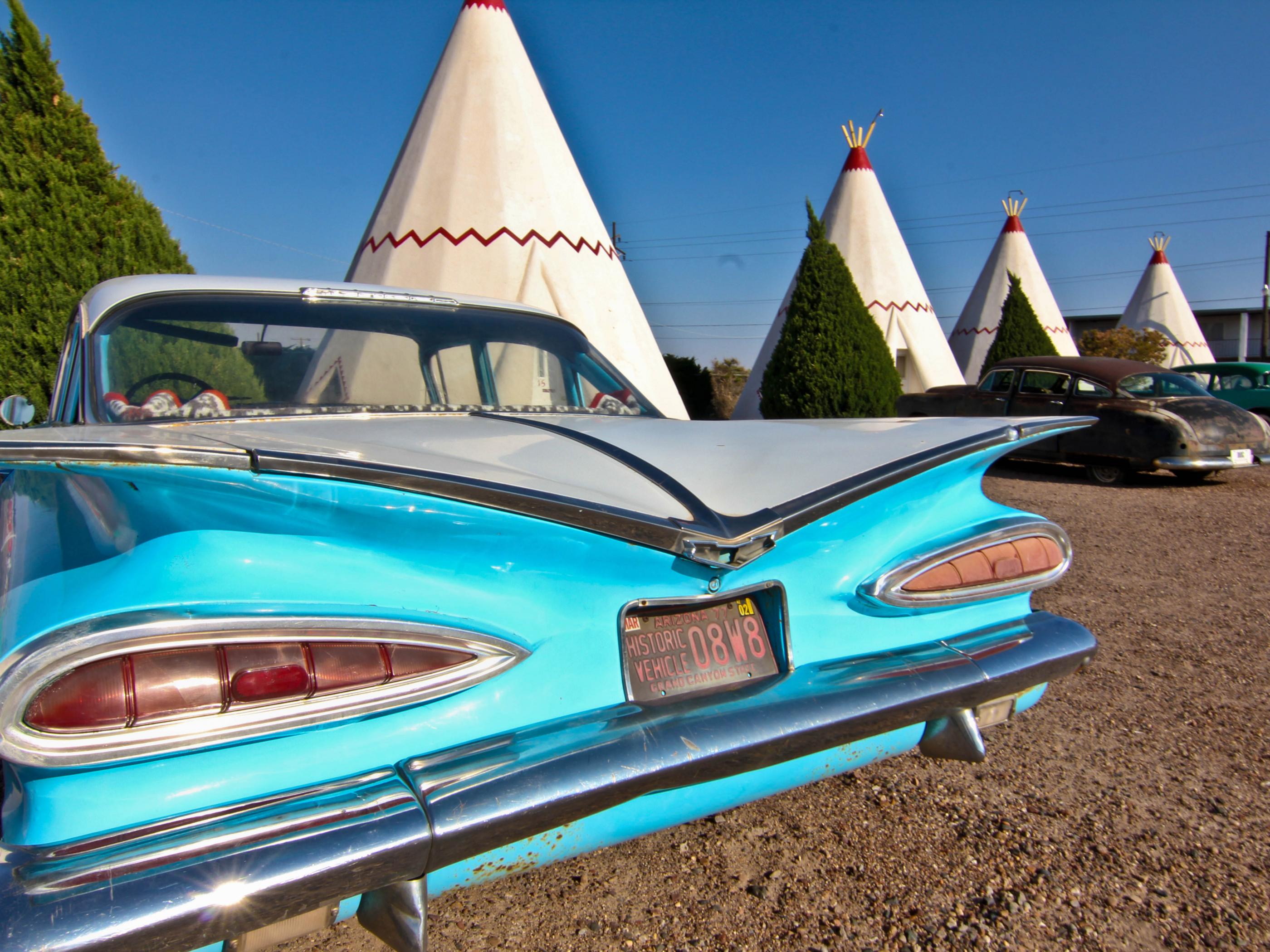 Classic car outside the Wigwam Motel, a Route 66 landmark in Holbrook Classic car outside the Wigwam Motel, a Route 66 landmark in Holbrook