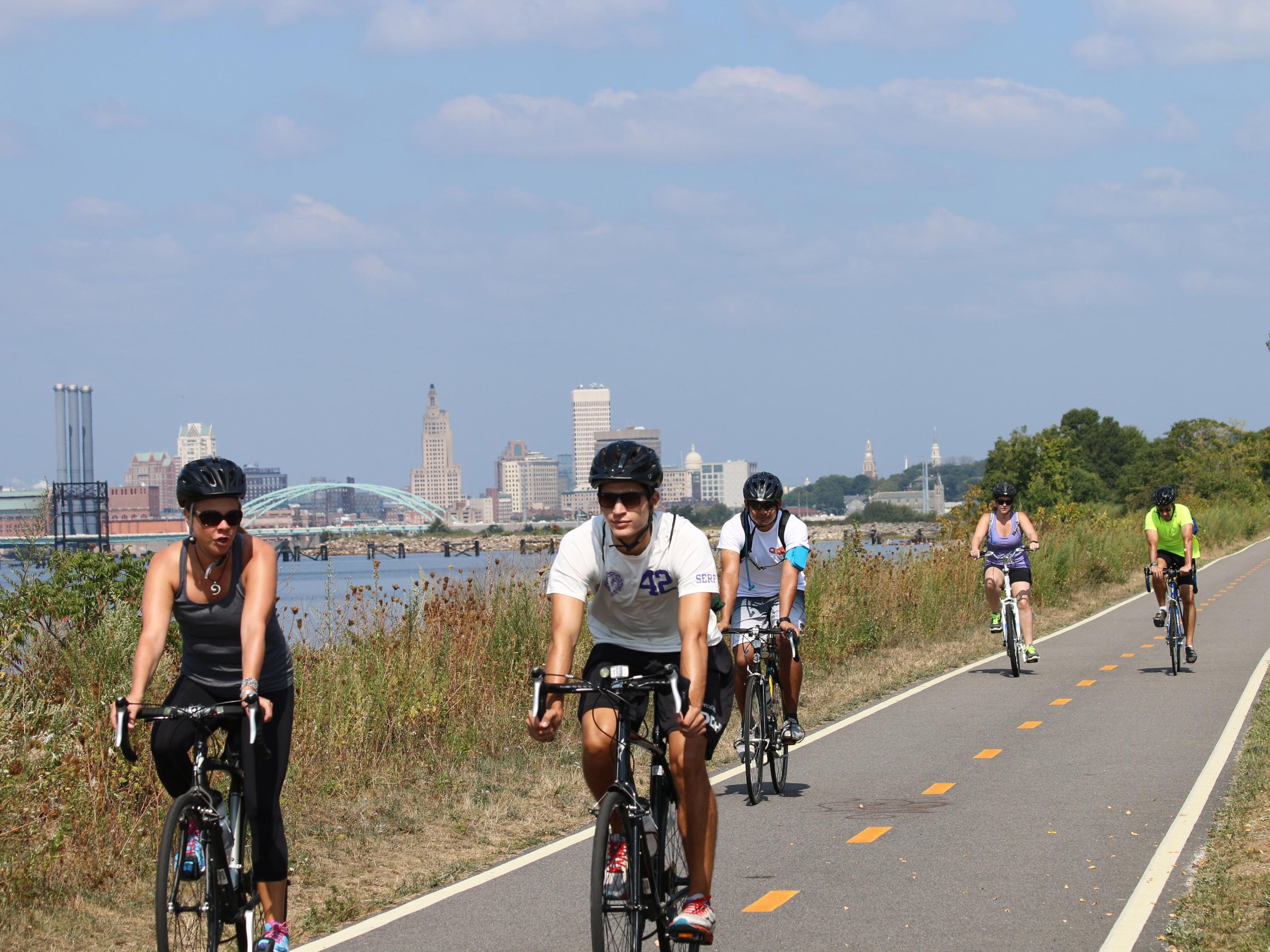 Riding along the East Bay Bike Path in East Providence, Rhode Island Riding along the East Bay Bike Path in East Providence, Rhode Island