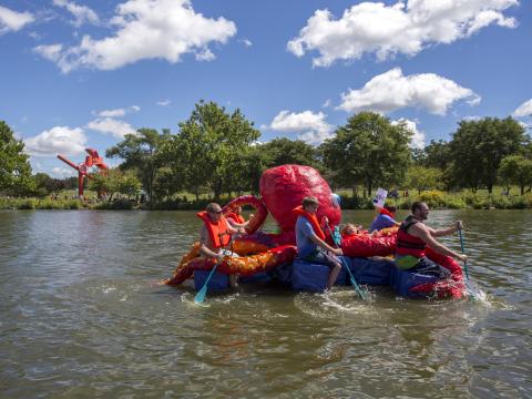 Paddling an octopus during Rock River Anything That Floats Race Paddling an octopus during Rock River Anything That Floats Race