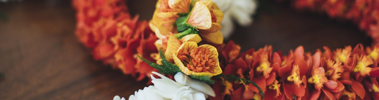 The traditional lei, a garland of flowers worn around the neck The traditional lei, a garland of flowers worn around the neck