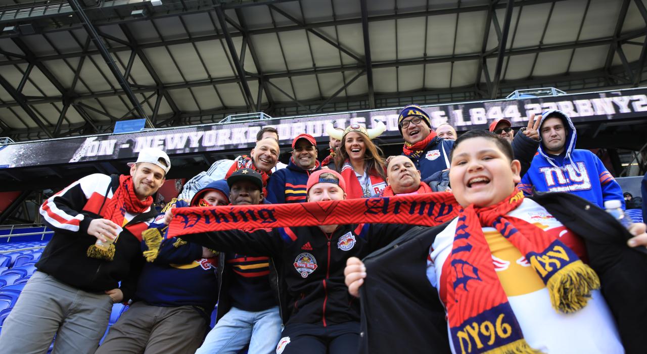Fans cheer on professional soccer team New York Red Bulls at the state-of-the-art Red Bull Arena Fans cheer on professional soccer team New York Red Bulls at the state-of-the-art Red Bull Arena
