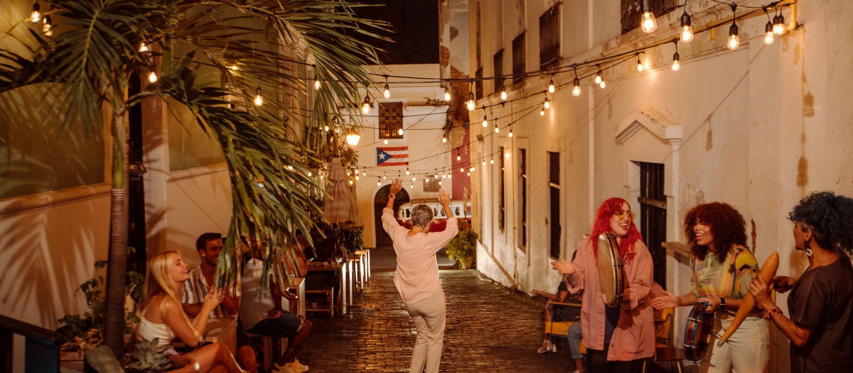 Dancing down a charming San Juan street  Dancing down a charming San Juan street
